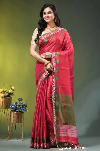 Pink tissue saree with rose woven border