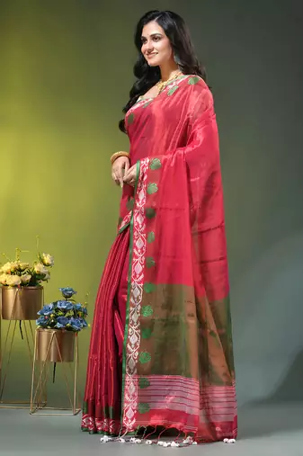 Pink tissue saree with rose woven border