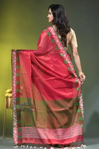 Pink tissue saree with rose woven border