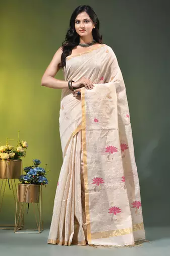 Off white tissue saree with lotus woven design