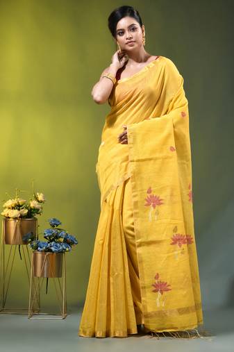Yellow tissue saree with lotus woven design