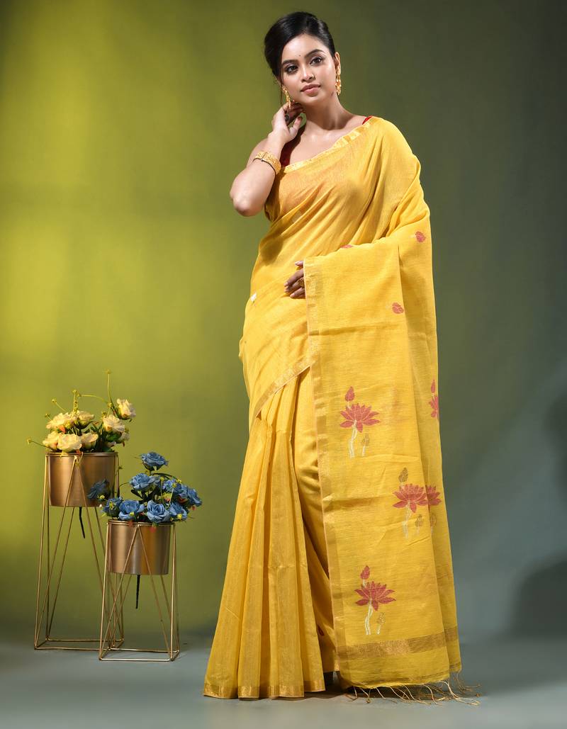 Yellow tissue saree with lotus woven design