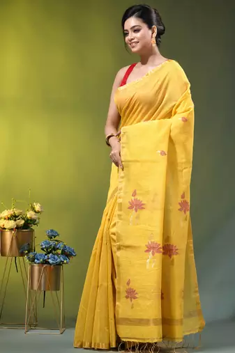 Yellow tissue saree with lotus woven design