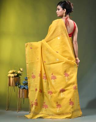 Yellow tissue saree with lotus woven design 3