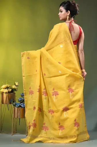 Yellow tissue saree with lotus woven design