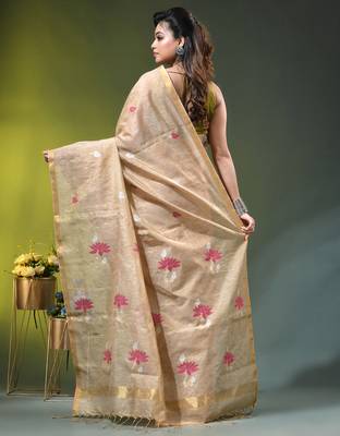 Beige tissue saree with lotus woven design 3