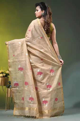 Beige tissue saree with lotus woven design
