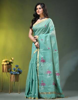 Sky blue tissue saree with lotus woven design 2