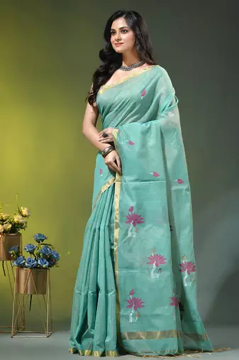 Sky blue tissue saree with lotus woven design