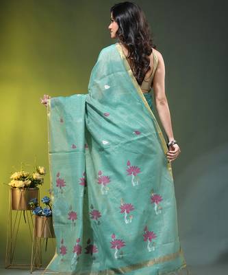 Sky blue tissue saree with lotus woven design 3