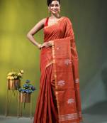 Red tissue saree with lotus woven design