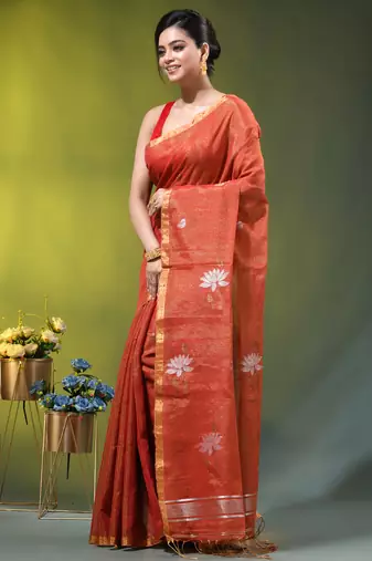 Red tissue saree with lotus woven design