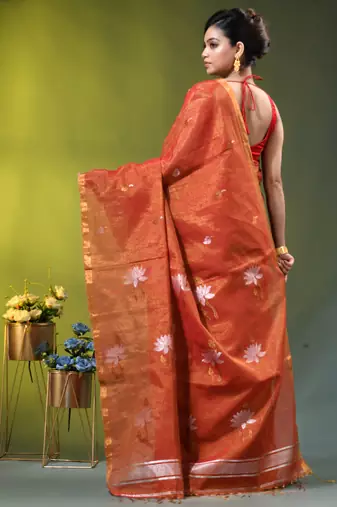 Red tissue saree with lotus woven design