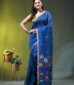 Sapphire blue linen saree with floral woven pallu
