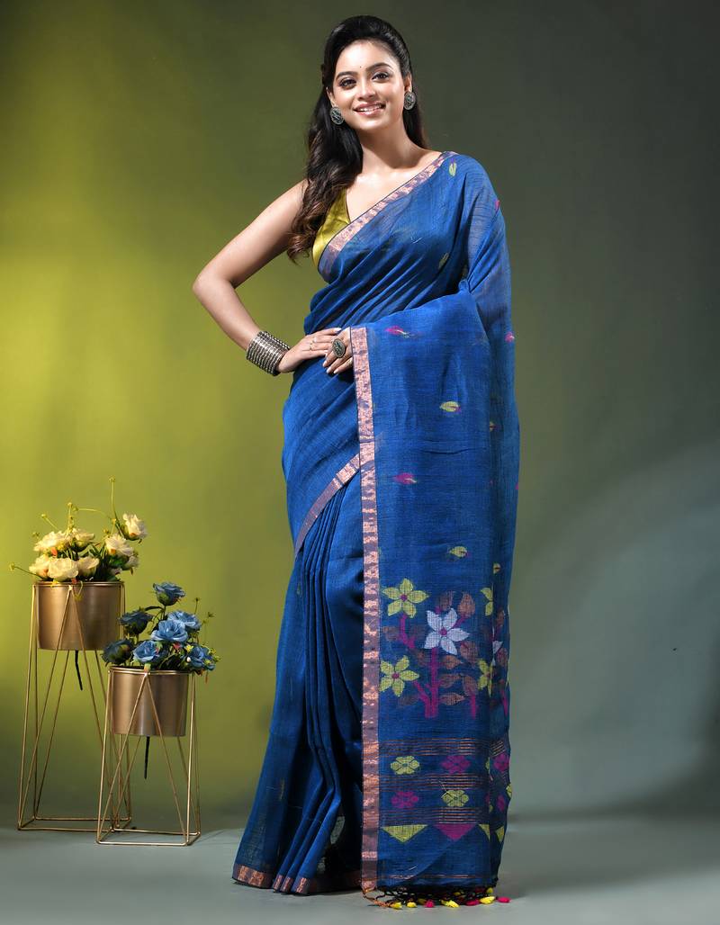 Sapphire blue linen saree with floral woven pallu