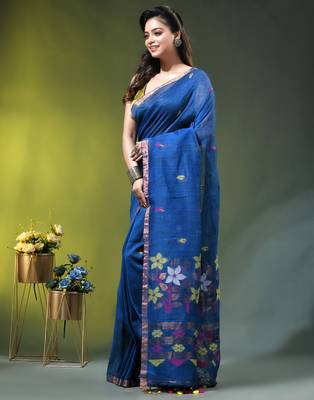 Sapphire blue linen saree with floral woven pallu 2