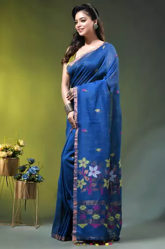 Sapphire blue linen saree with floral woven pallu