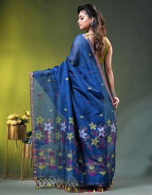 Sapphire blue linen saree with floral woven pallu 3