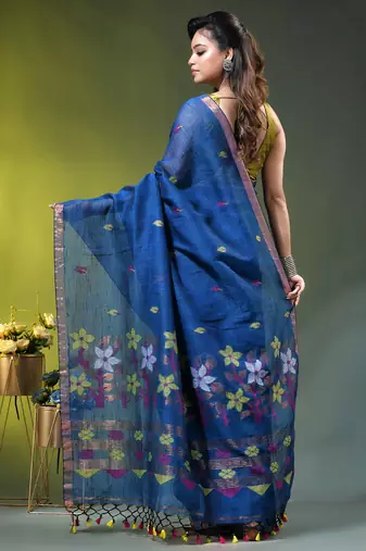 Sapphire blue linen saree with floral woven pallu