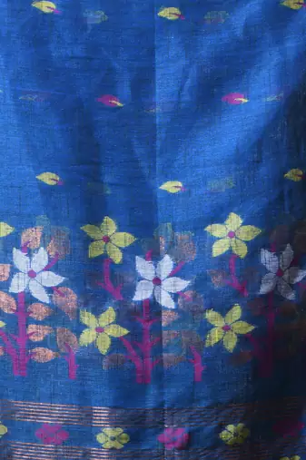 Sapphire blue linen saree with floral woven pallu