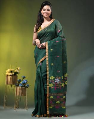 Dark green linen saree with floral woven pallu 1