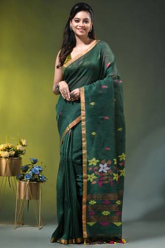 Dark green linen saree with floral woven pallu