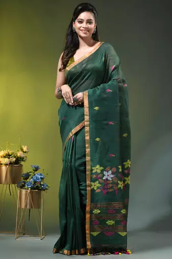 Dark green linen saree with floral woven pallu