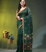 Dark green linen saree with floral woven pallu
