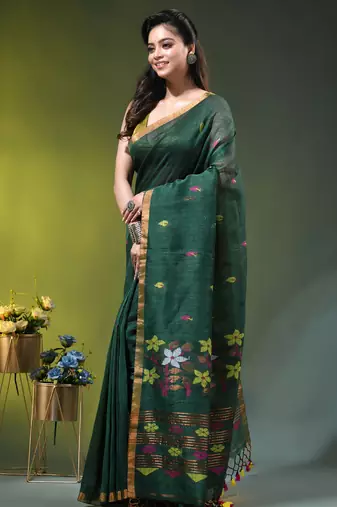 Dark green linen saree with floral woven pallu