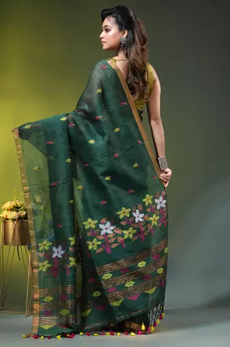 Dark green linen saree with floral woven pallu