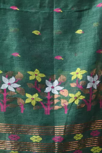 Dark green linen saree with floral woven pallu