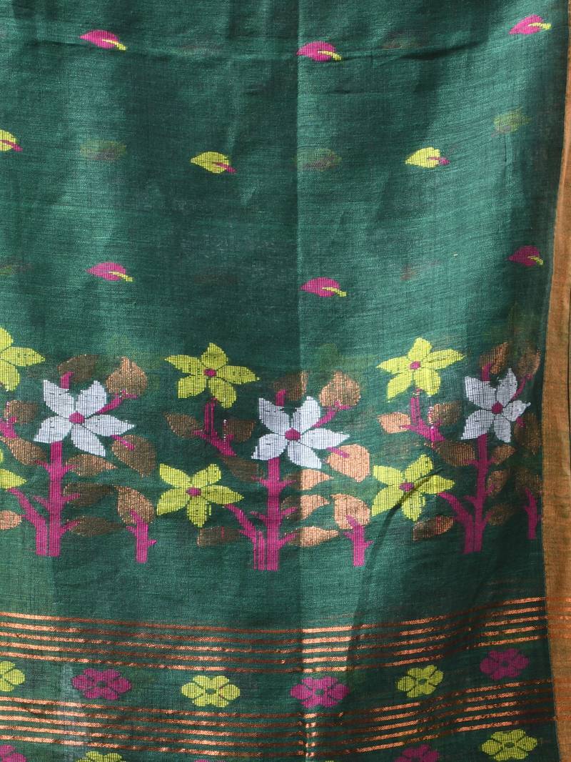 Dark green linen saree with floral woven pallu