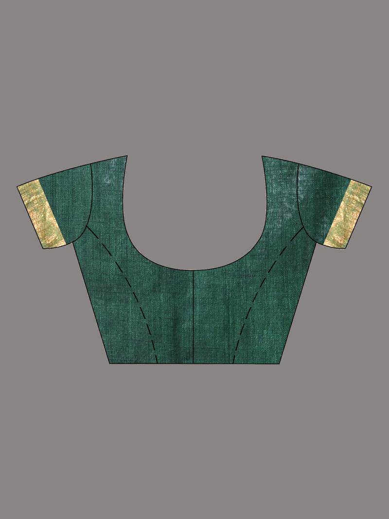 Dark green linen saree with floral woven pallu