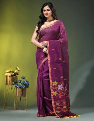 Dark purple linen saree with floral woven pallu 1