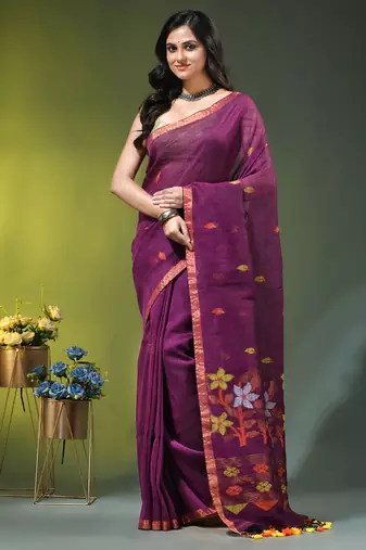 Dark purple linen saree with floral woven pallu