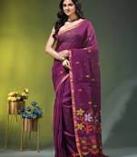 Dark purple linen saree with floral woven pallu