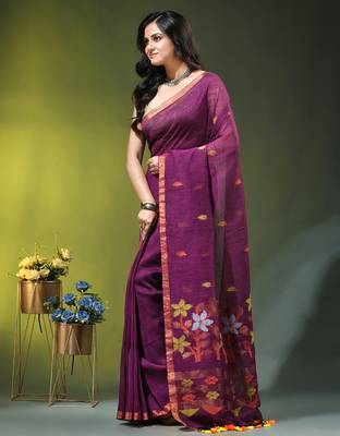 Dark purple linen saree with floral woven pallu 2