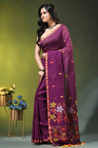 Dark purple linen saree with floral woven pallu