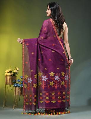 Dark purple linen saree with floral woven pallu 3