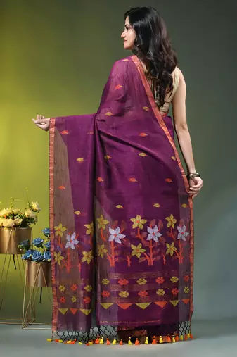 Dark purple linen saree with floral woven pallu