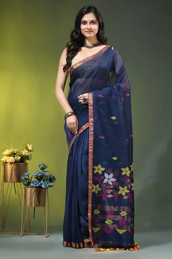 Midnight blue linen saree with floral woven pallu