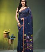 Midnight blue linen saree with floral woven pallu