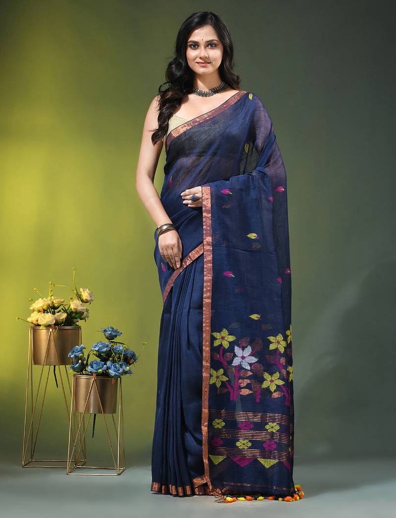 Midnight blue linen saree with floral woven pallu
