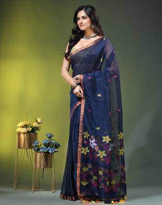Midnight blue linen saree with floral woven pallu 2