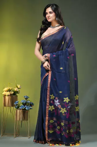 Midnight blue linen saree with floral woven pallu
