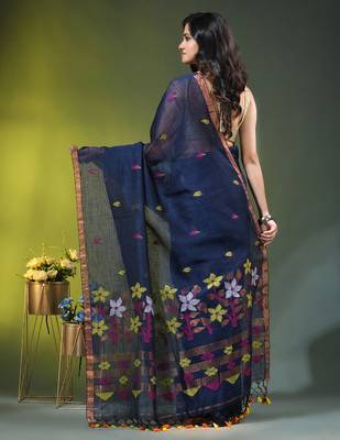 Midnight blue linen saree with floral woven pallu 3