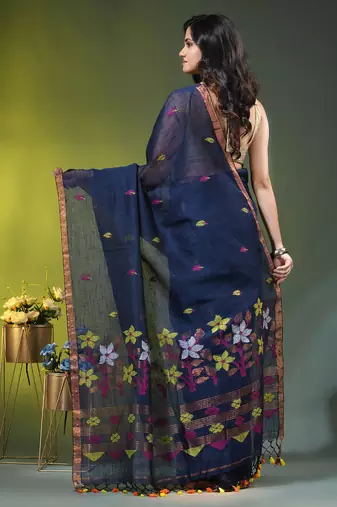 Midnight blue linen saree with floral woven pallu