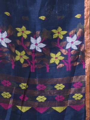 Midnight blue linen saree with floral woven pallu 4