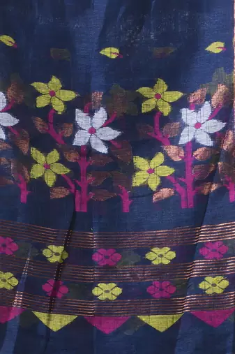Midnight blue linen saree with floral woven pallu