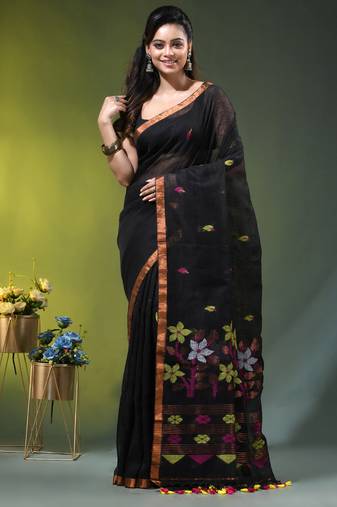 Black linen saree with floral woven pallu